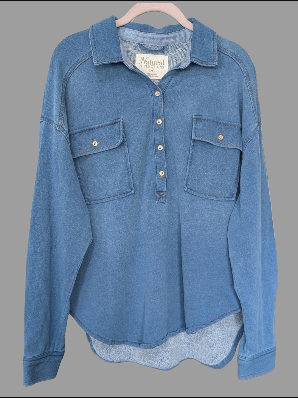 Women's Knit Blue Henley Denim Minimalist Pullover Top - Western Cabela's Style